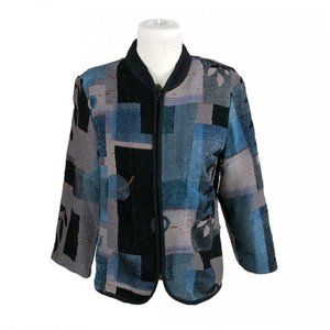 Meryl Diamond New York Jacket Full Zip Tapestry Patchwork Art To Wear Boho Blue